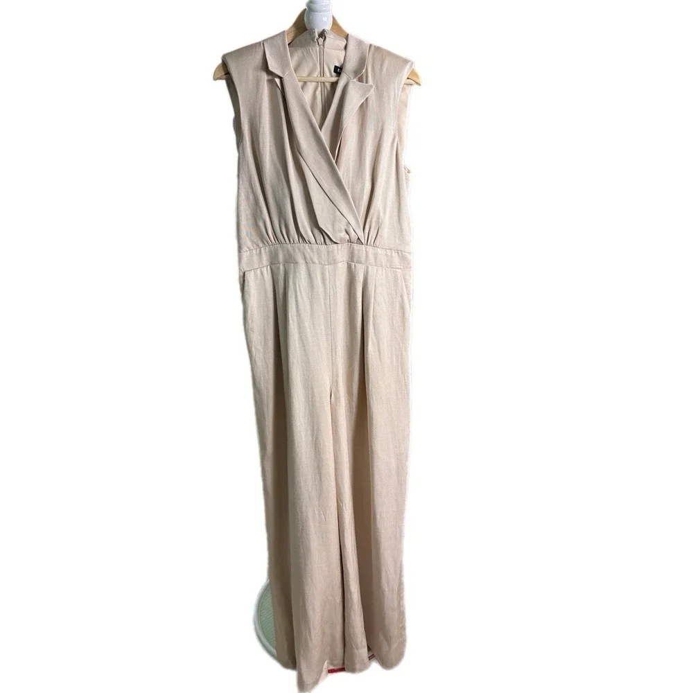 Express Sleeveless Wide Leg Jumpsuit Womens L Beige Linen Blend‎ Wide Leg Collar